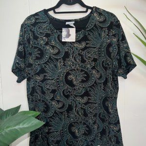 Jaclyn Smith Black Green and Gold Floral Design Top